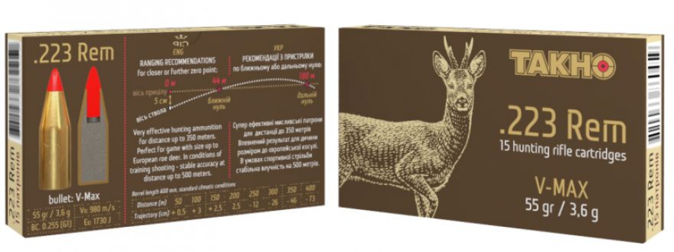 Патрон нарізний к.223 Rem x 55 V max 55 gr (3.6г)